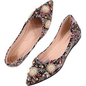 🆕Women's Flats Shoes Red Fabric Rhinestone Pointed Toe Comfort Bowknot Ballet